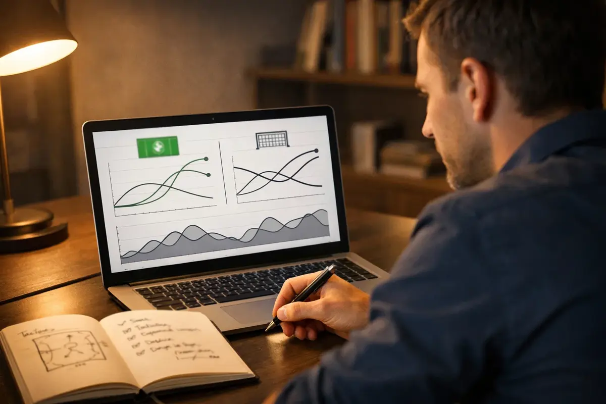 Personne analysant des statistiques de football sur un ordinateur portable dans un bureau