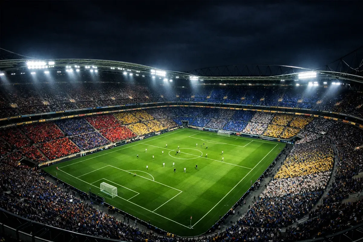 Vue aérienne d'un grand stade européen rempli de supporters lors d'un match de Ligue des Champions