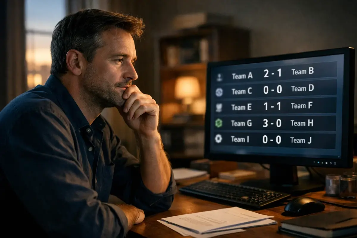 Homme réfléchissant devant un écran montrant des résultats de matchs de football