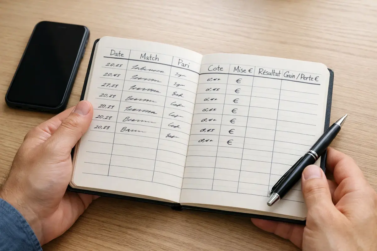 Personne tenant un carnet de notes avec des colonnes de suivi de paris sportifs