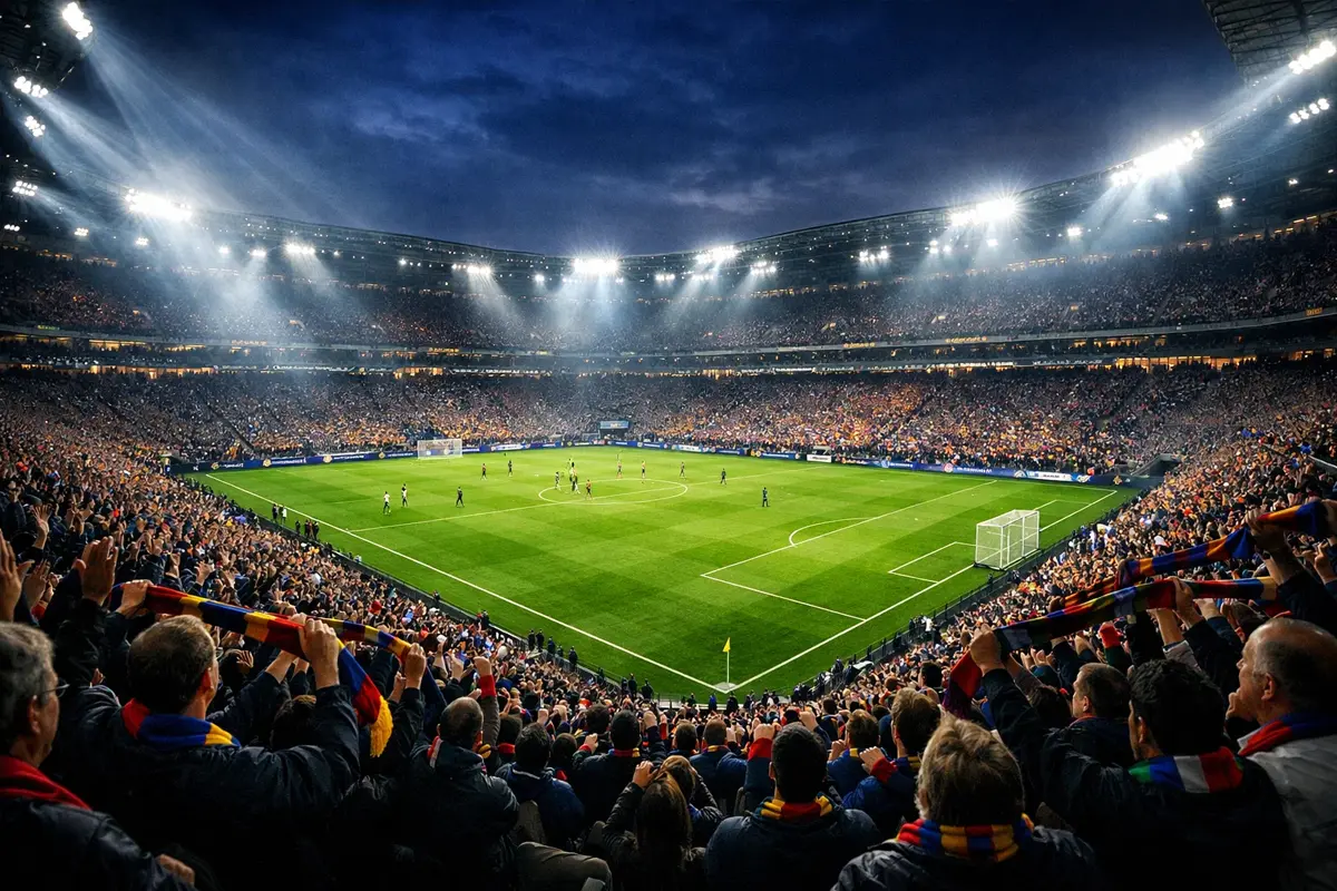 Stade de football avec supporters et lumières lors d'un match de championnat
