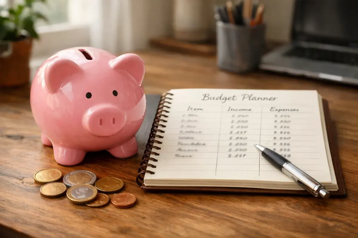 Tirelire à côté d'un carnet de budget personnel