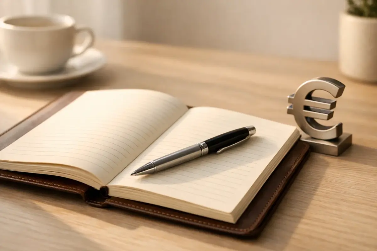 Carnet de notes avec stylo et symbole euro sur un bureau ordonné