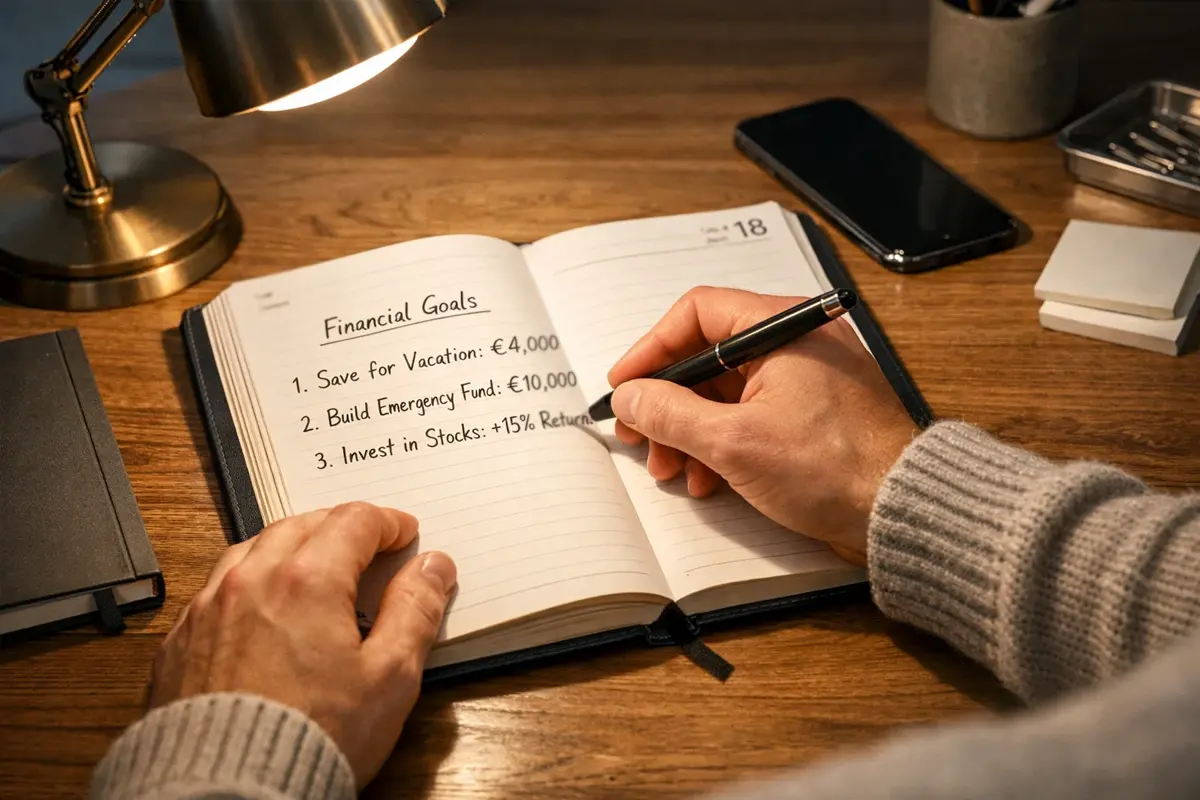 Personne écrivant des objectifs financiers dans un agenda