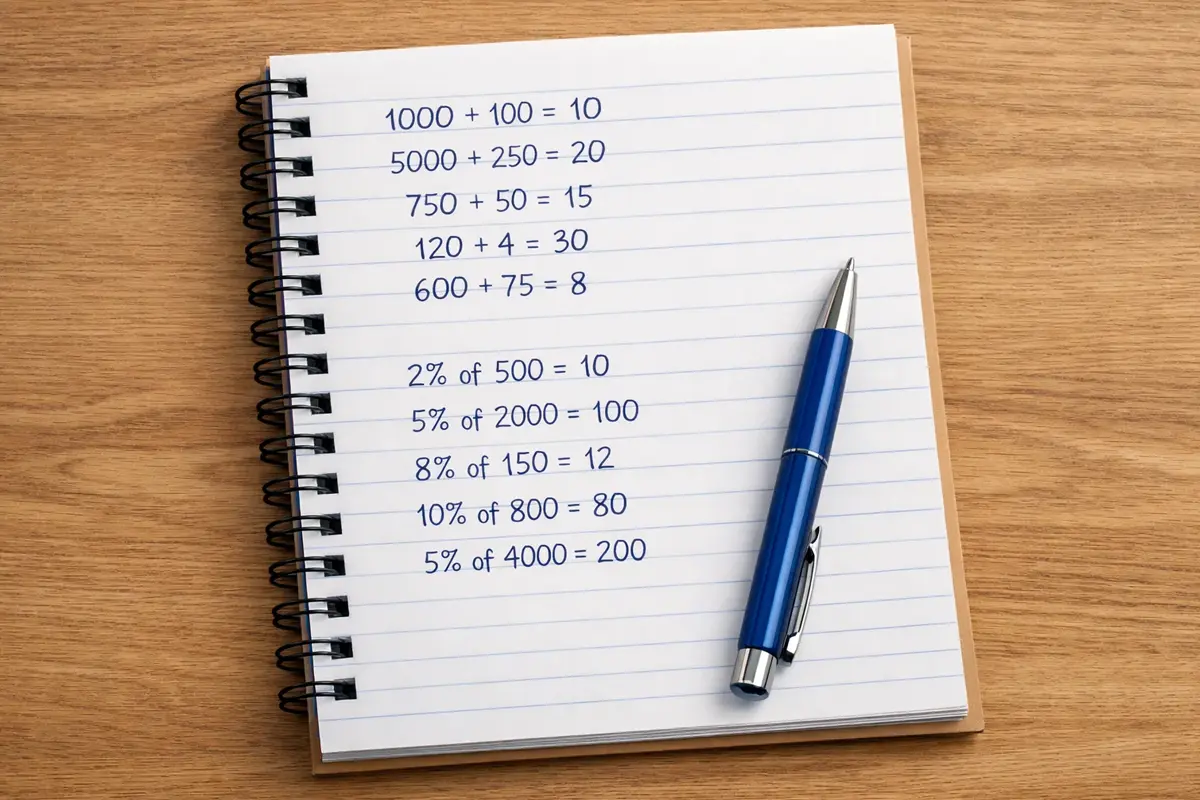 Bloc-notes avec divisions et calculs de pourcentages