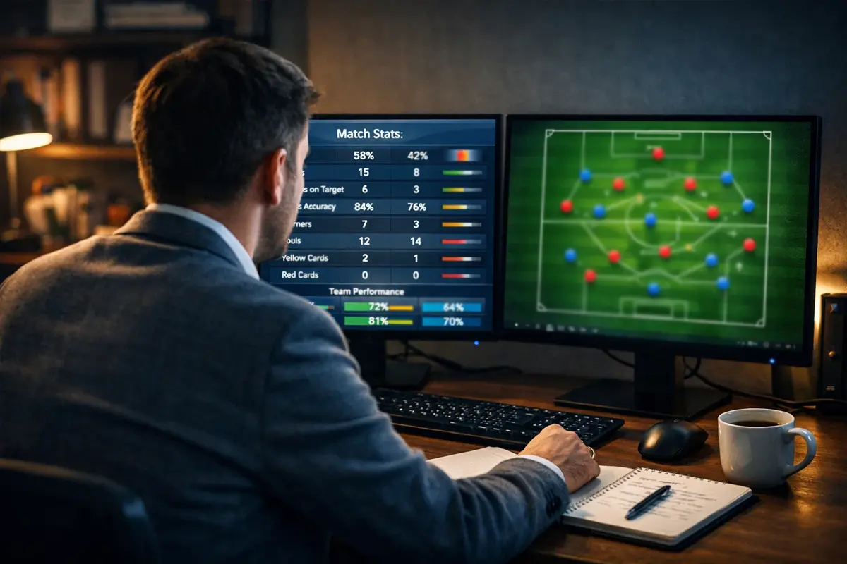Analyste regardant plusieurs écrans avec statistiques de football