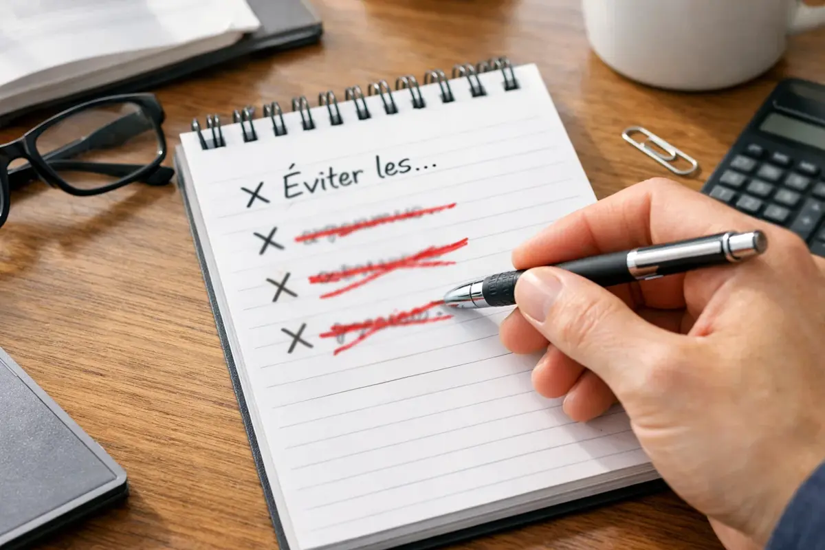 Personne réfléchissant avec liste de points à éviter sur un bloc-notes