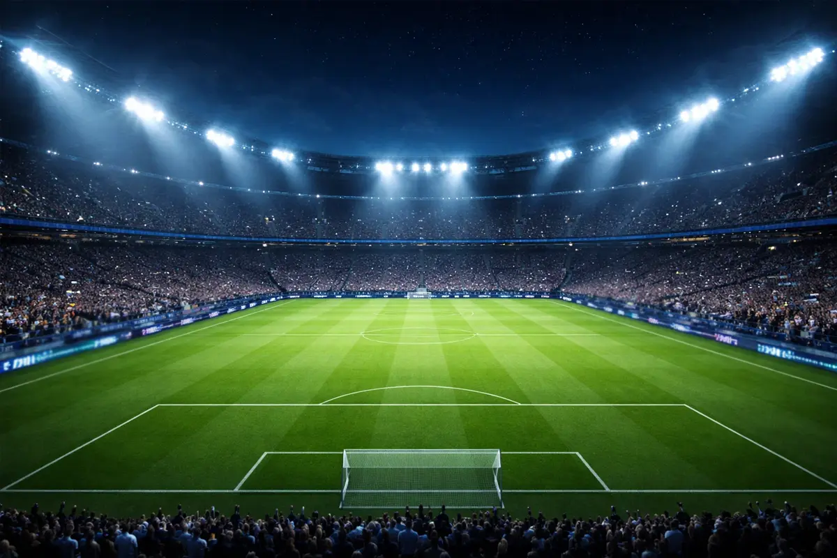 Stade de football européen illuminé la nuit avec projecteurs et tribune principale