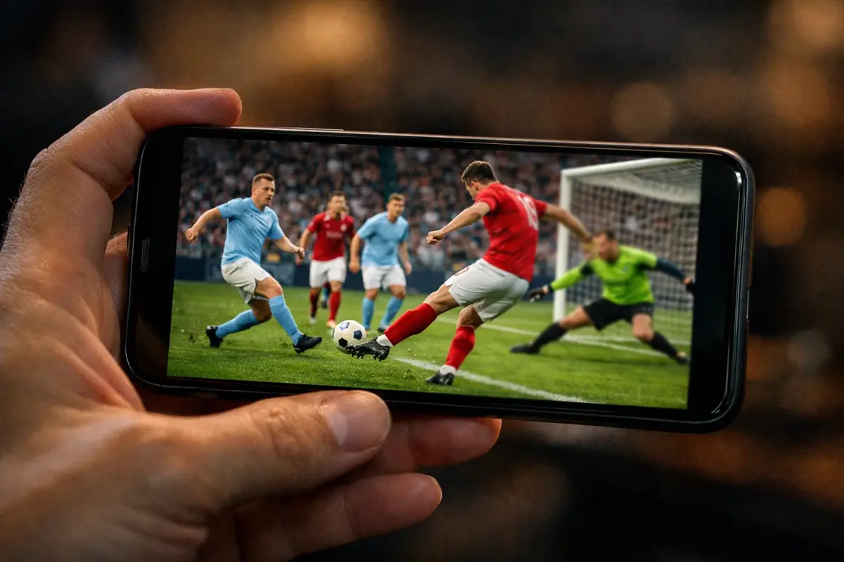 Smartphone affichant un match de football en direct sur écran lumineux