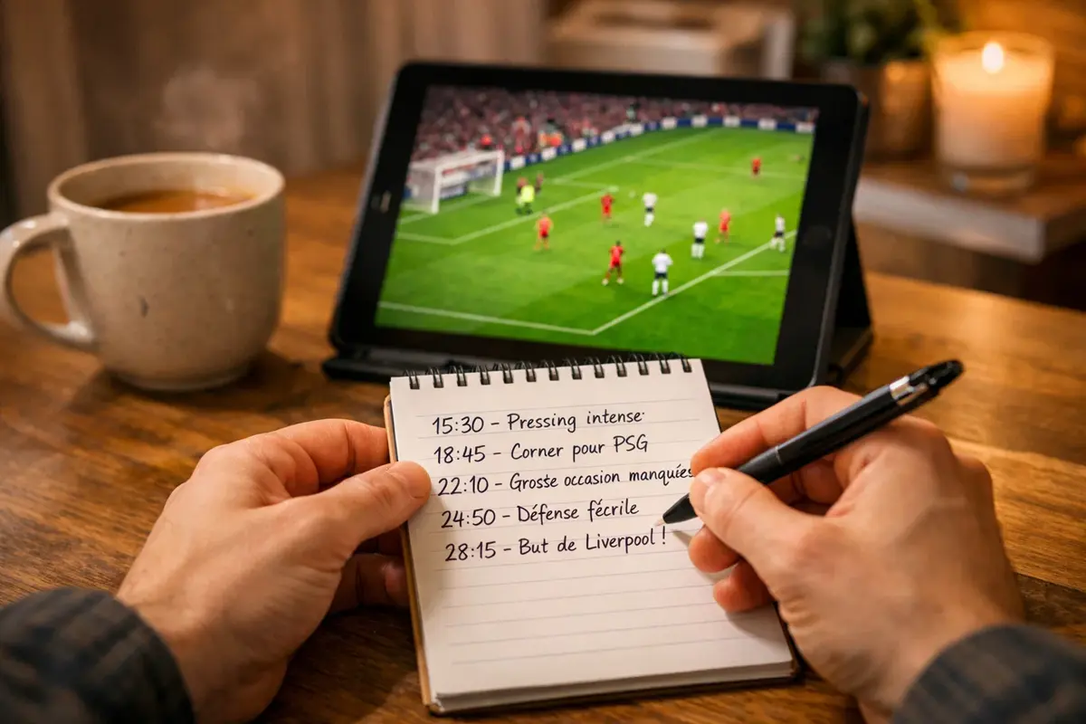 Personne prenant des notes pendant qu'elle regarde un match sur tablette