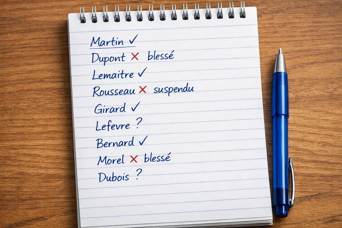 Liste manuscrite des joueurs avec annotations sur leur disponibilité