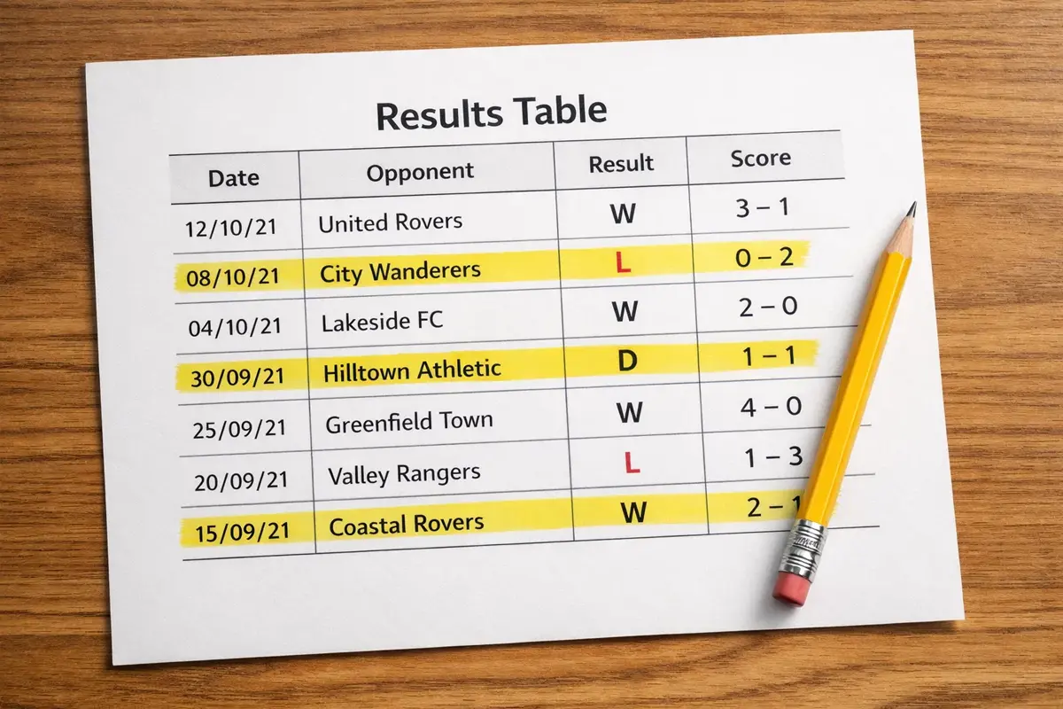 Tableau des résultats récents d'une équipe de football sur papier