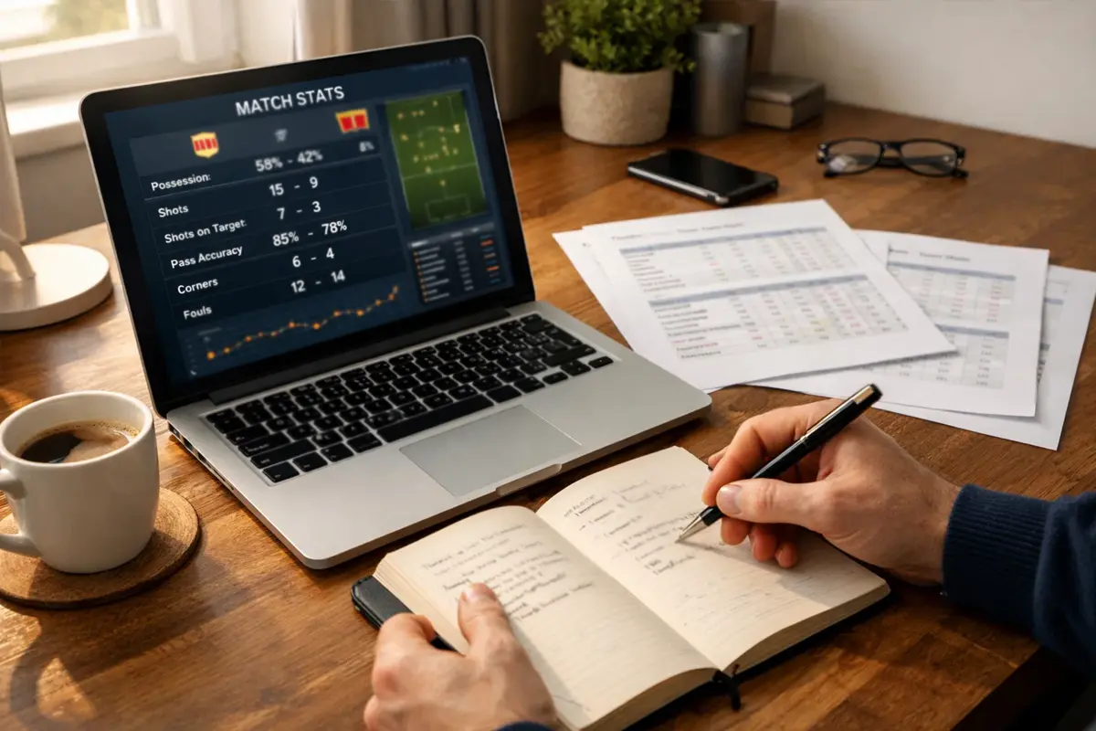 Analyste sportif étudiant des données de football sur un bureau organisé